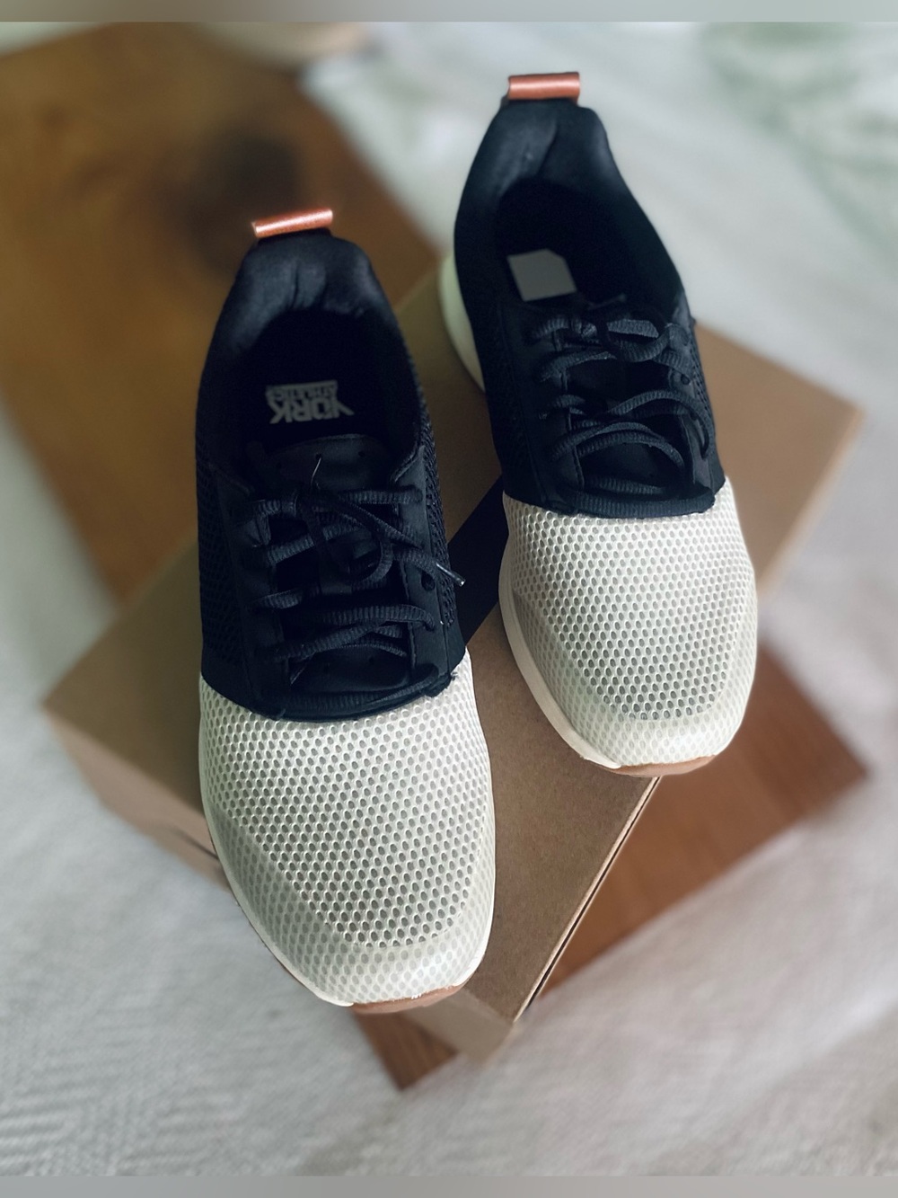 Modern New Athletic Sneakers in Black and Cream with Leather Tabs